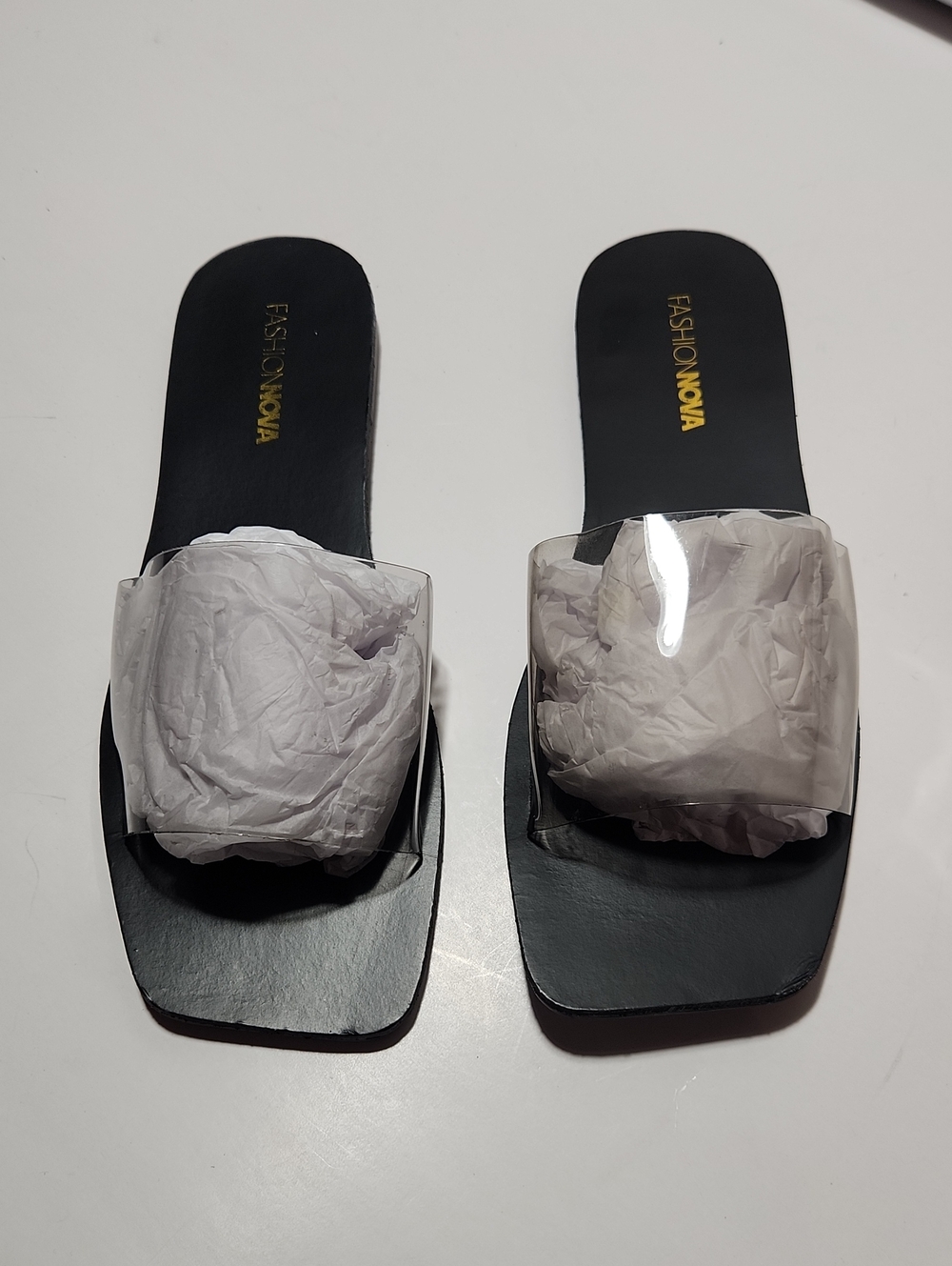Fashion Nova Black Slide Sandals with Gold Logo